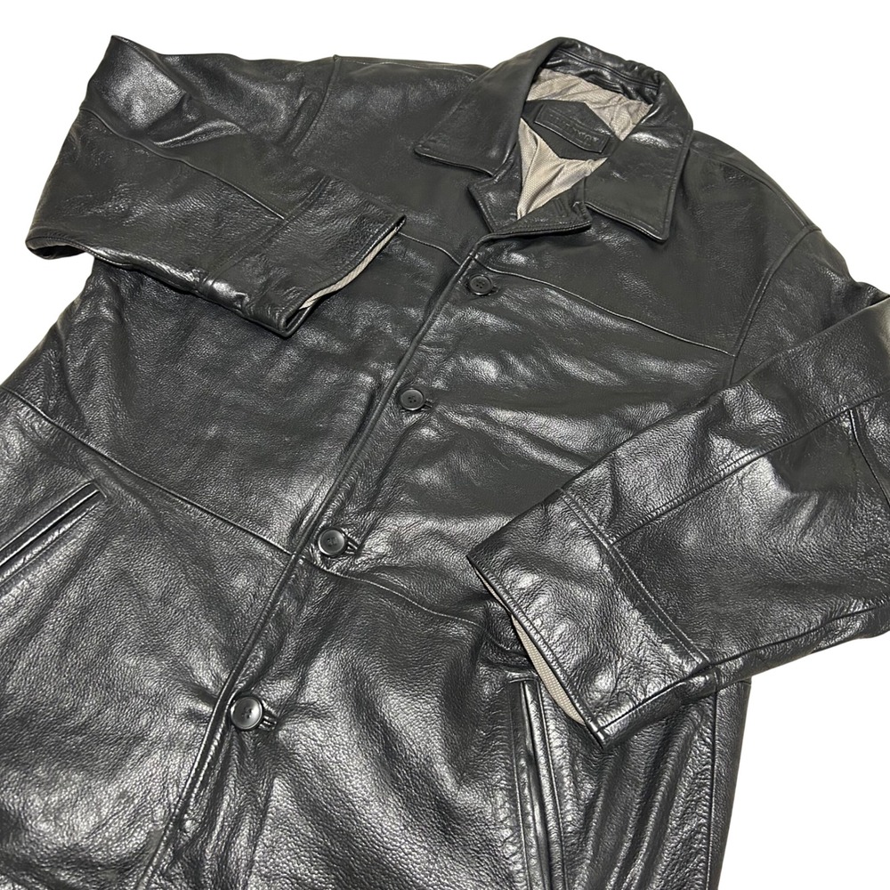 Bostonian Leather Jacket Mens XL Black Button Up Collared Car Coat VTG
